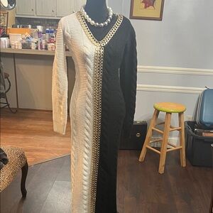 L'ATISTE Black and White Long Sleeve Dress with Gold Chain Detail